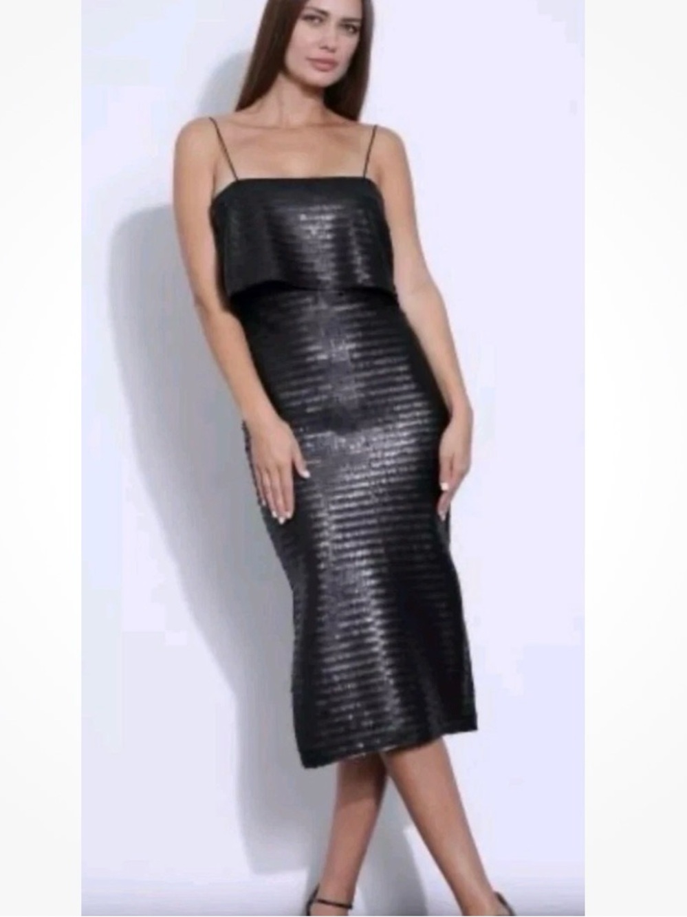 Karina Grimaldi XS Hayye Black All Over Sequin Bodycon Midi Dress Cocktail